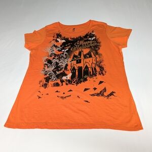Orange Halloween Adult Tee with Haunted House Design